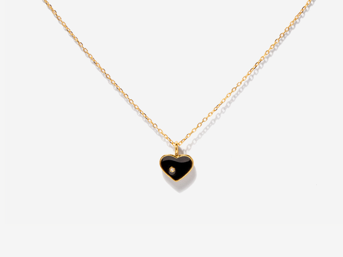 Enamel Black Heart Charm Gold Necklace