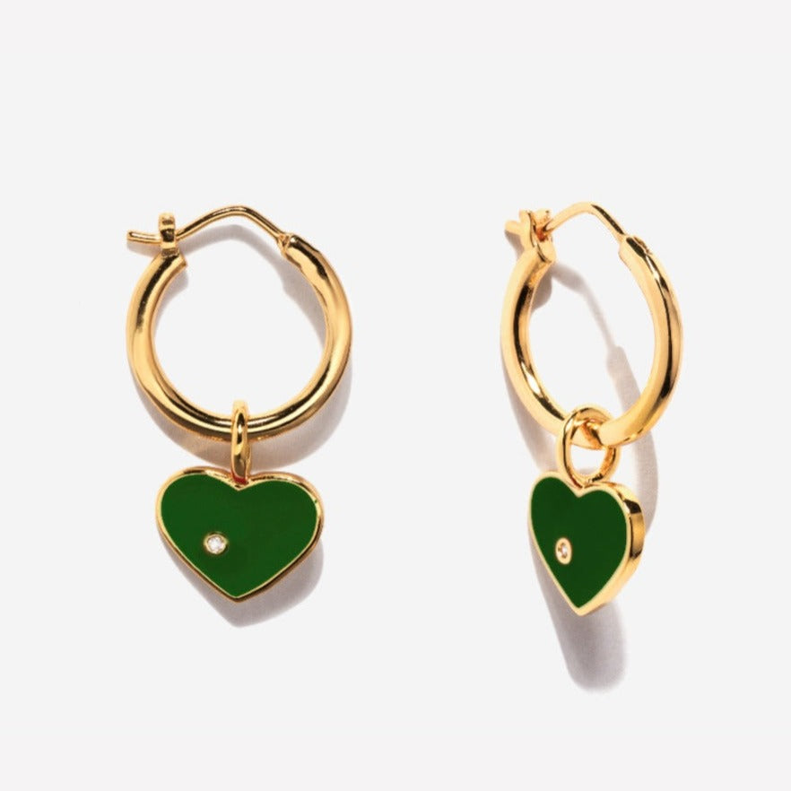 Enamel Green Heart Hoop Earrings in 14K Gold Over Brass