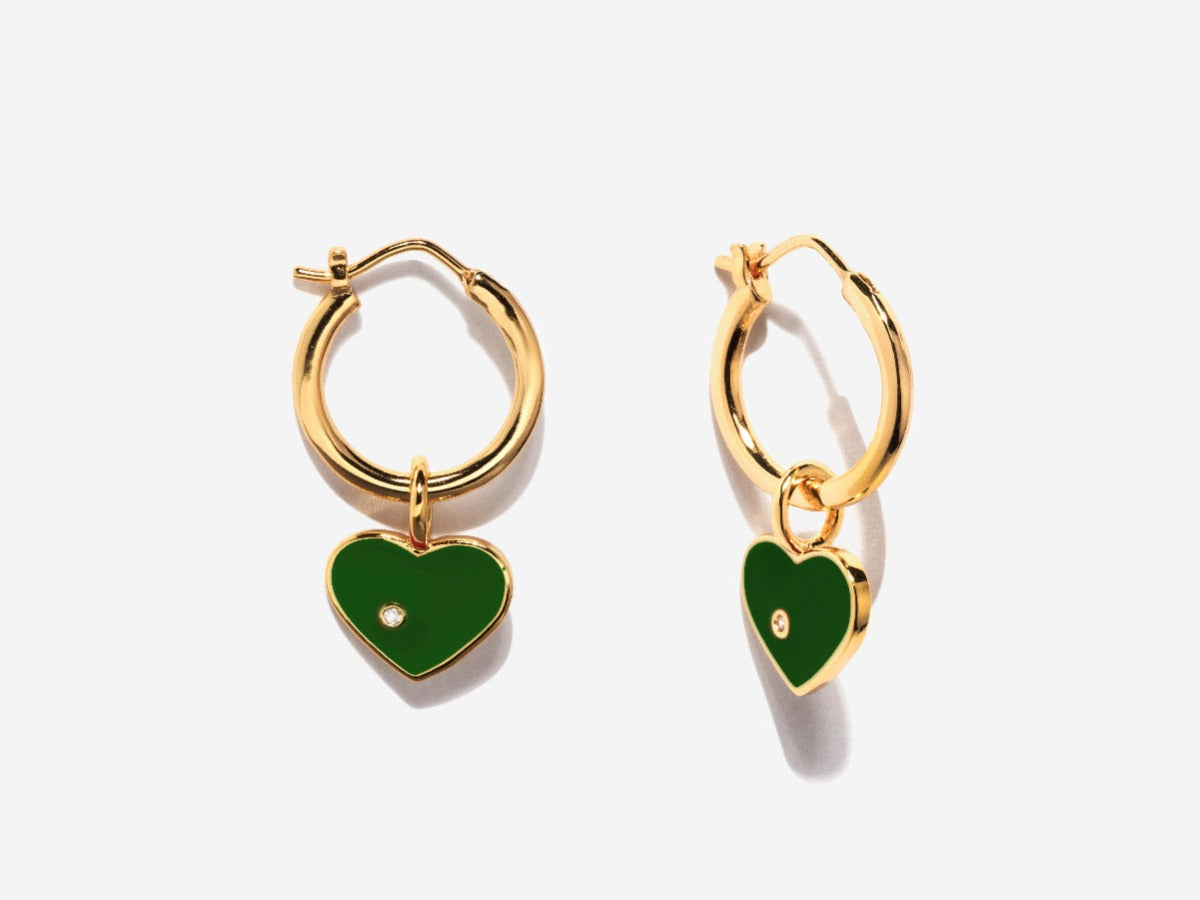 Enamel Green Heart Hoop Earrings in 14K Gold Over Brass