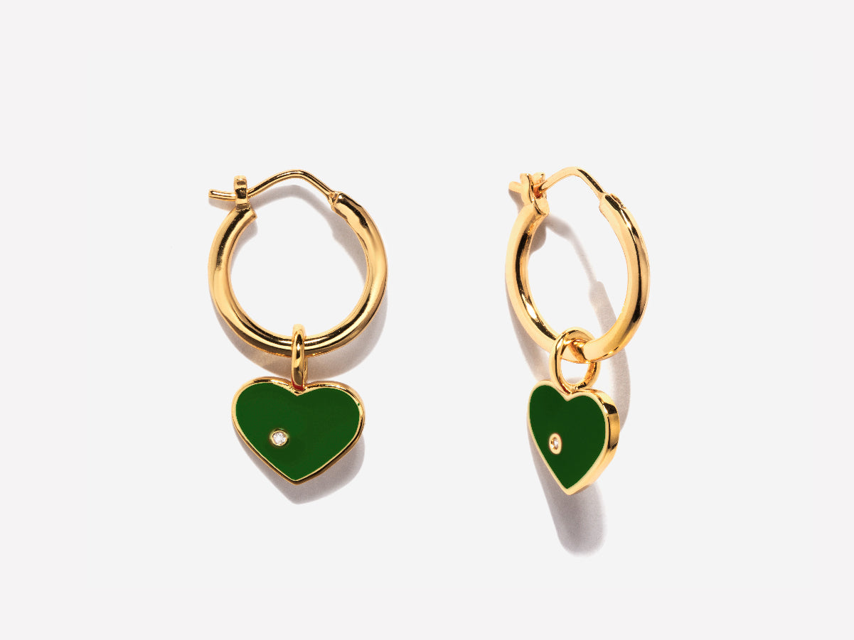 Green Enamel Heart Charm in 14K Gold Over Brass