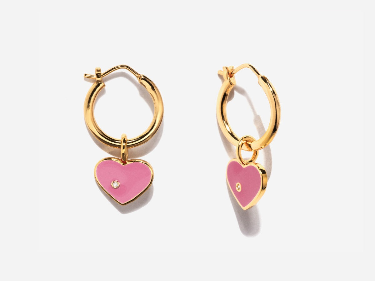 Enamel Pink Heart Hoop Earrings in 14K Gold Over Brass
