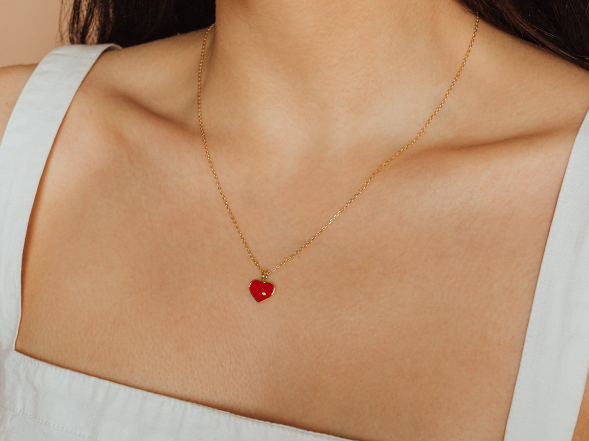 Enamel Red Heart Charm Gold Necklace