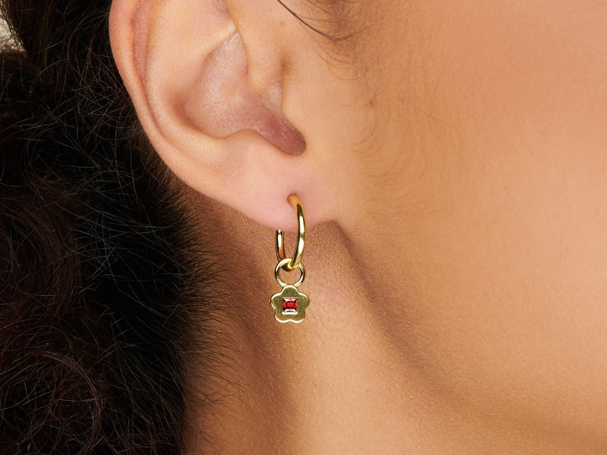 Flower Garnet Charm Hoop Earrings in Gold Over Sterling Silver