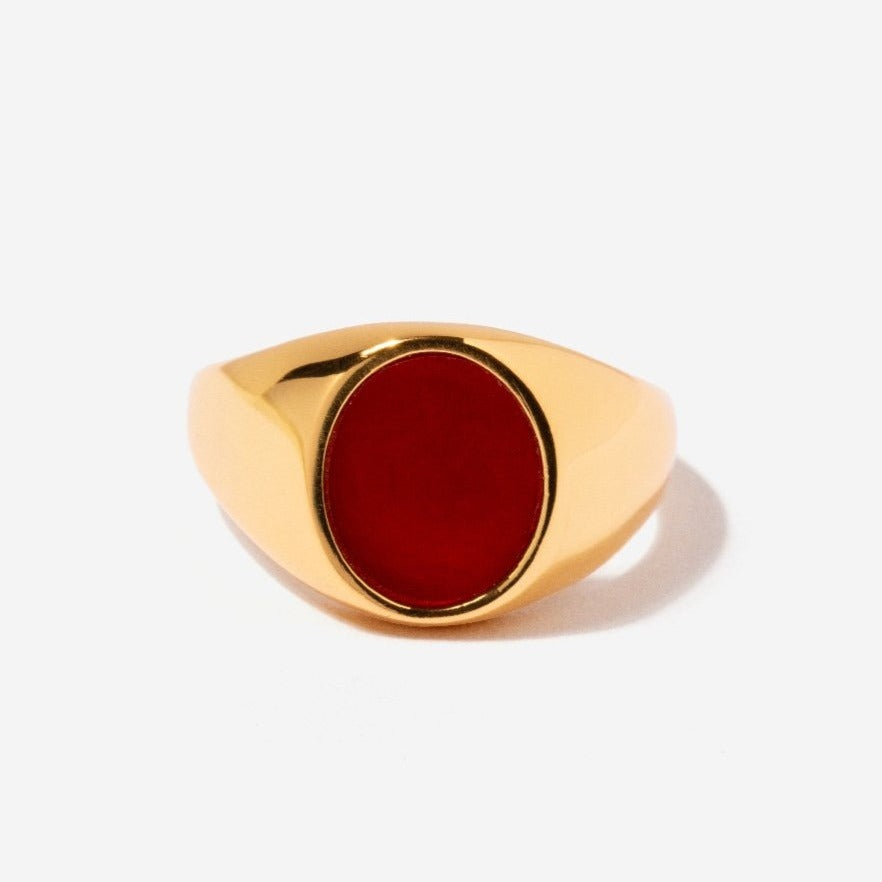 Laurel Oval Red Agate Signet Ring in Gold Plated Silver
