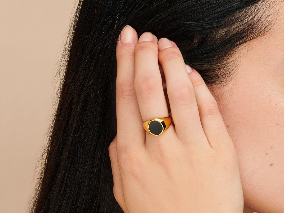 Laurel Oval Black Onyx Signet Ring in Gold Plated Silver
