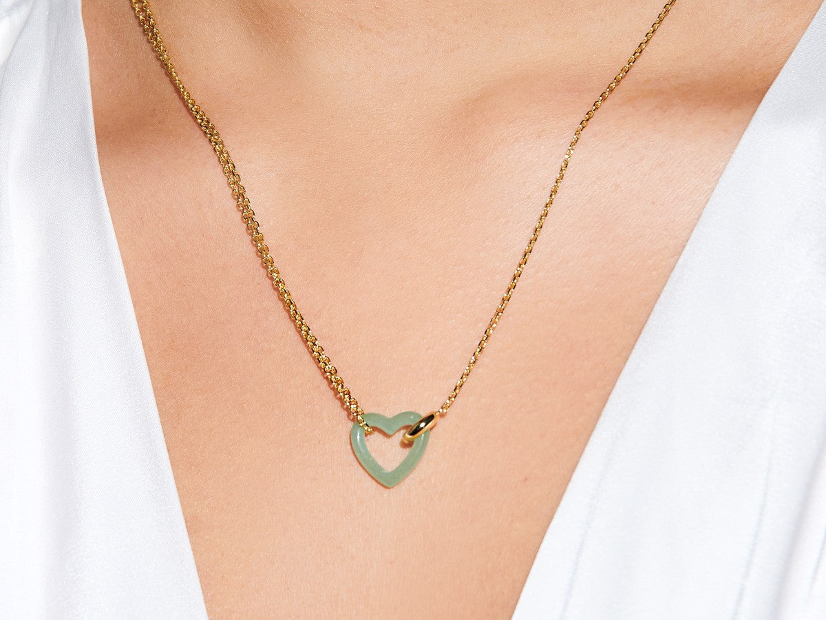 Linked Jade Heart Necklace in 14K Gold Over Silver Silver