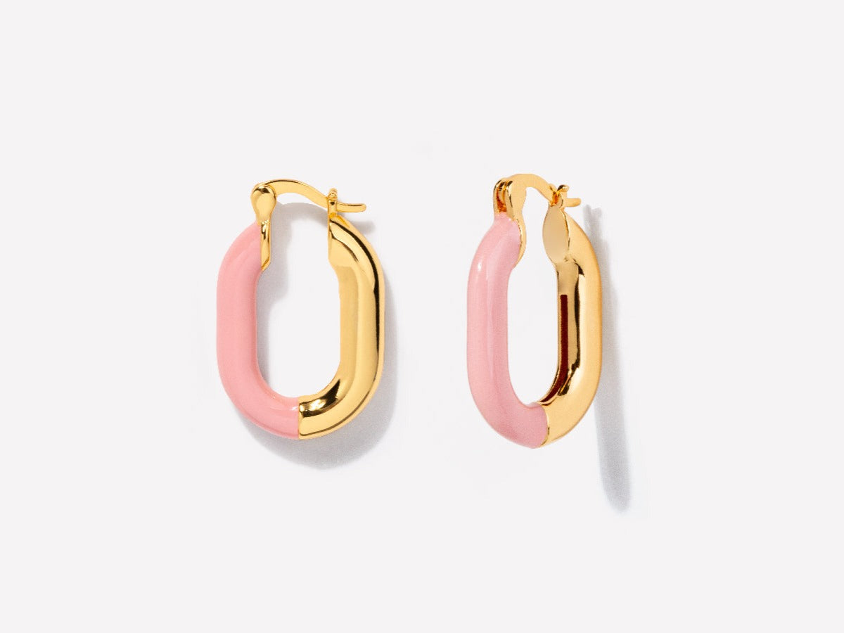 Oval Pink Enamel Hoops in 14K Gold Plated Brass