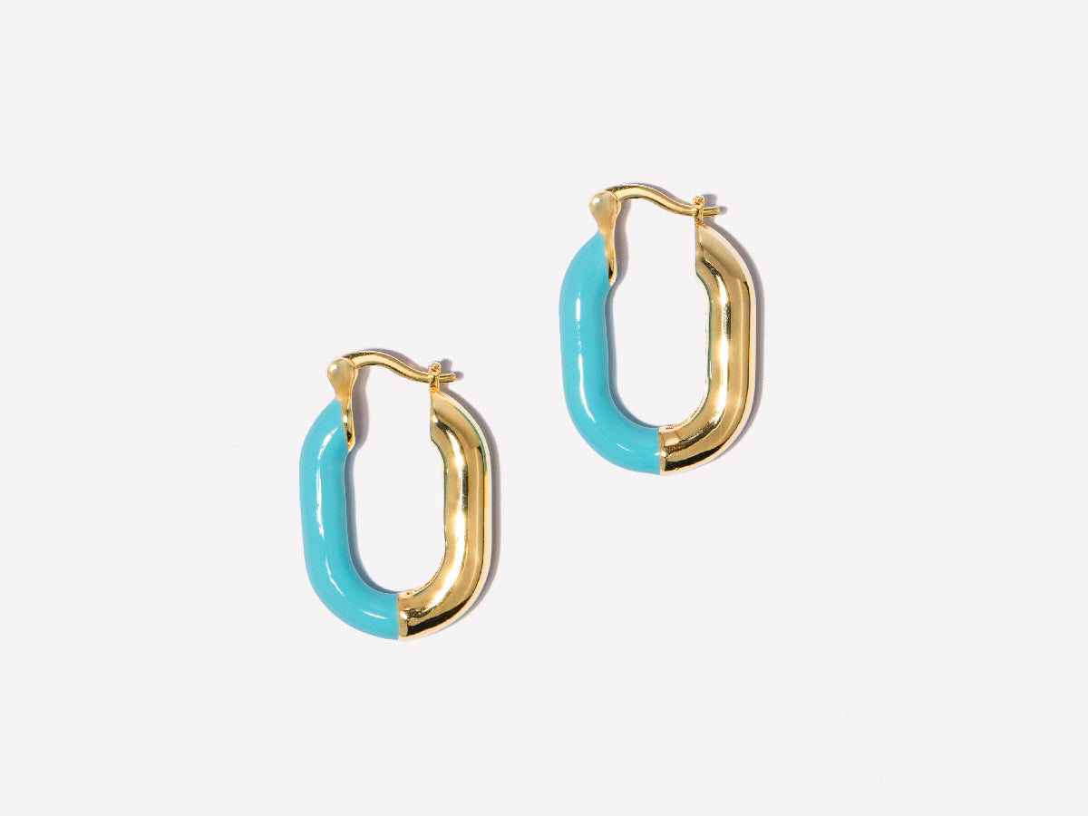 Oval Turquoise Enamel Hoops in 14K Gold Plated Brass