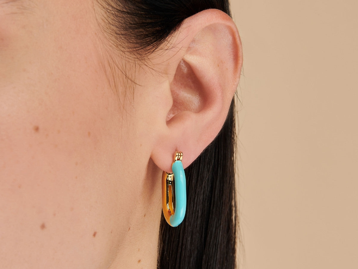 Oval Turquoise Enamel Hoops in 14K Gold Plated Brass