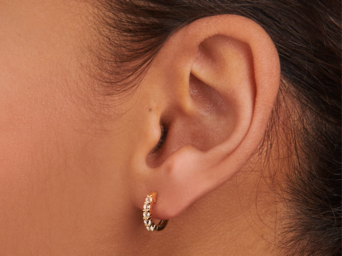 Pave Moissanite Huggie Hoop Earrings in 14K Gold Over Sterling Silver