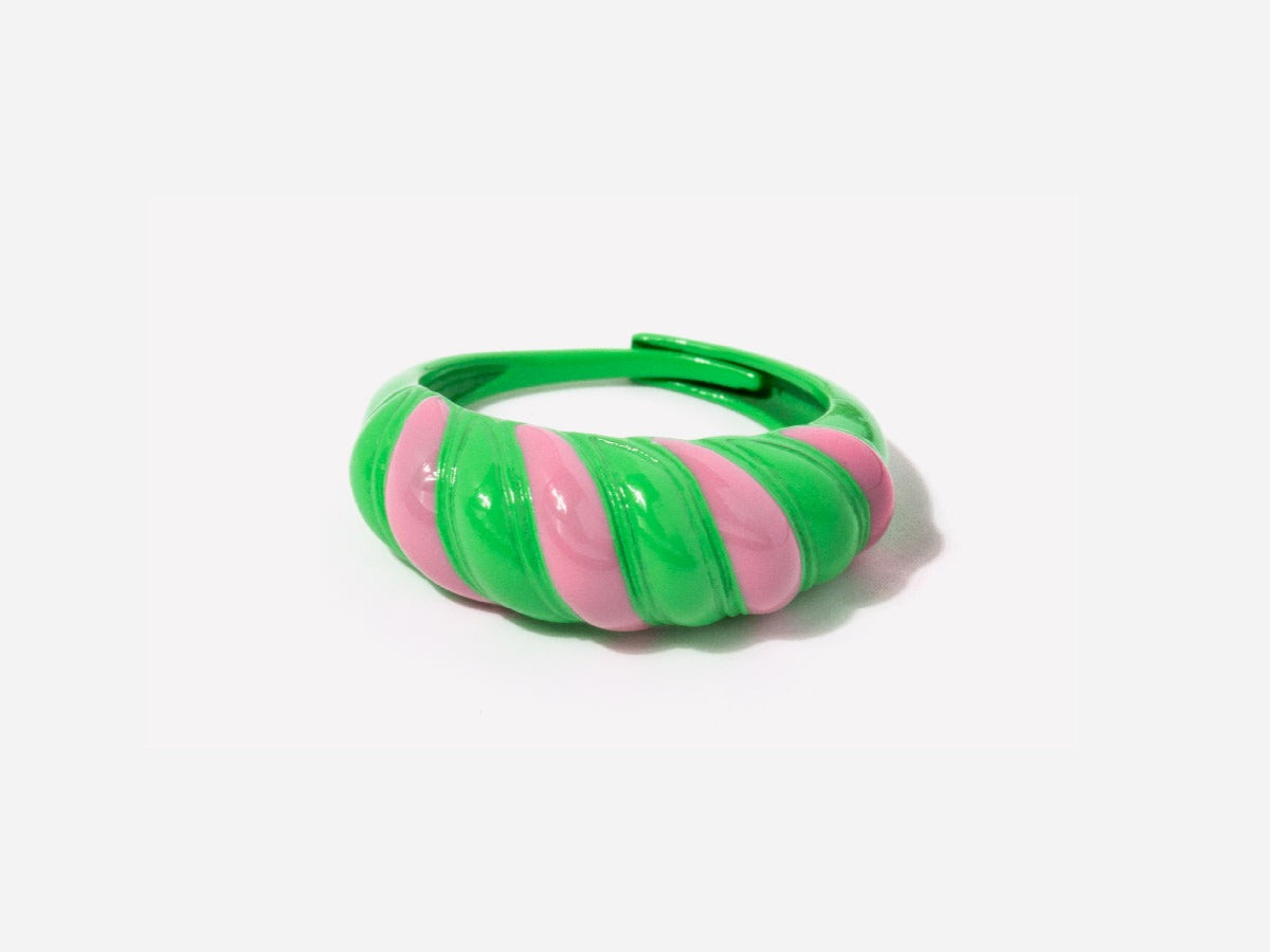 Pink and Green Enamel Croissant Dome Ring