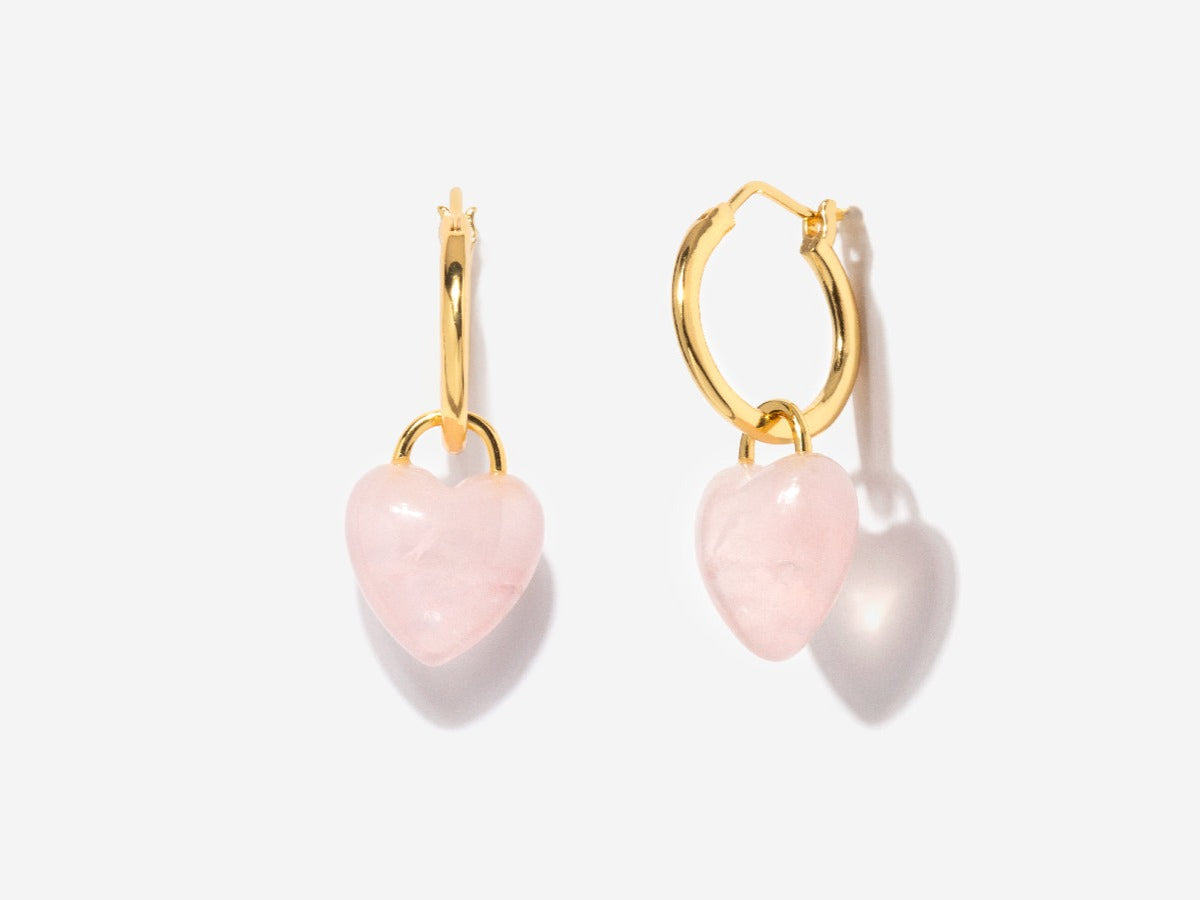 Pink Quartz Puffy Heart Hoop Earrings in Gold Over Sterling Silver
