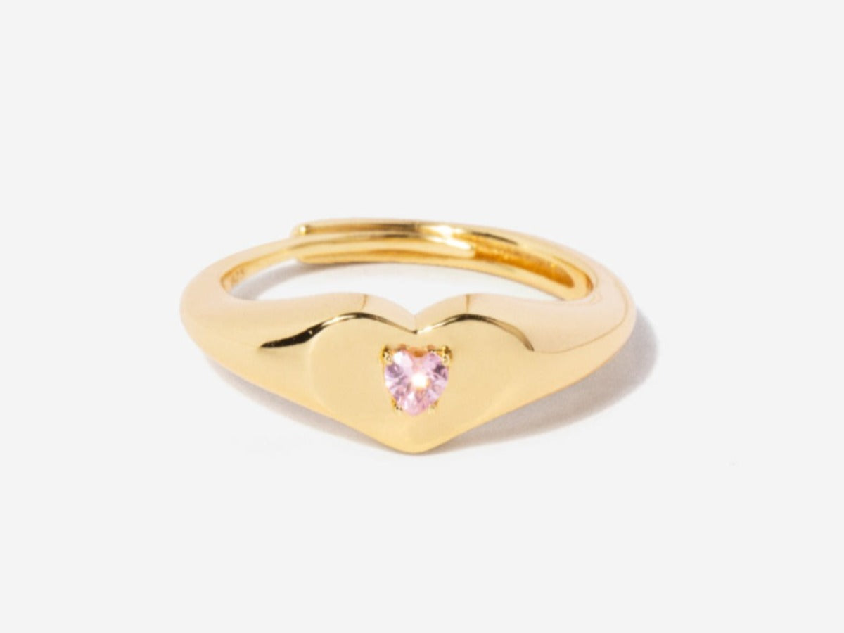 Pink Tourmaline Heart Signet Ring in 14k gold over sterling silver