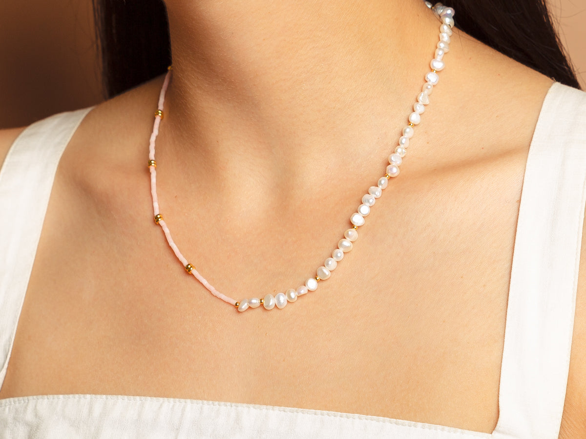Rosa Pearl and Quartz Bead Necklace in 14K Gold