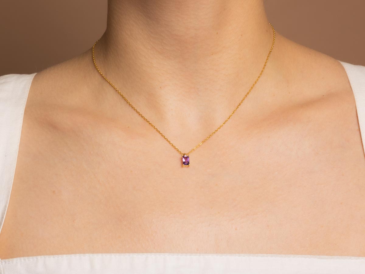 Tiny Baguette Amethyst Necklace in Gold Plated Silver