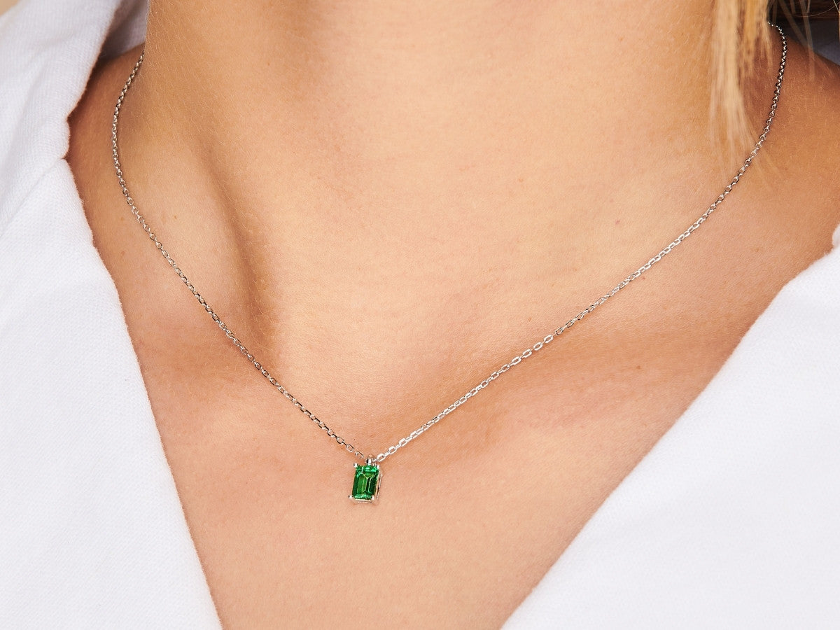 Tiny Baguette Emerald Necklace in Sterling Silver