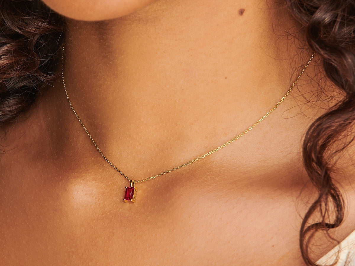 Tiny Baguette Ruby Necklace in Gold Over Sterling Silver