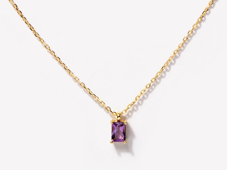 Baguette Amethyst February Birthstone Necklace in Gold Over Silver