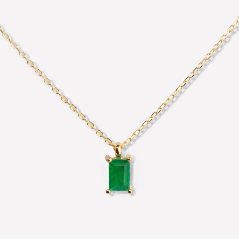 Baguette Emerald May Birthstone Necklace in Gold Over Silver