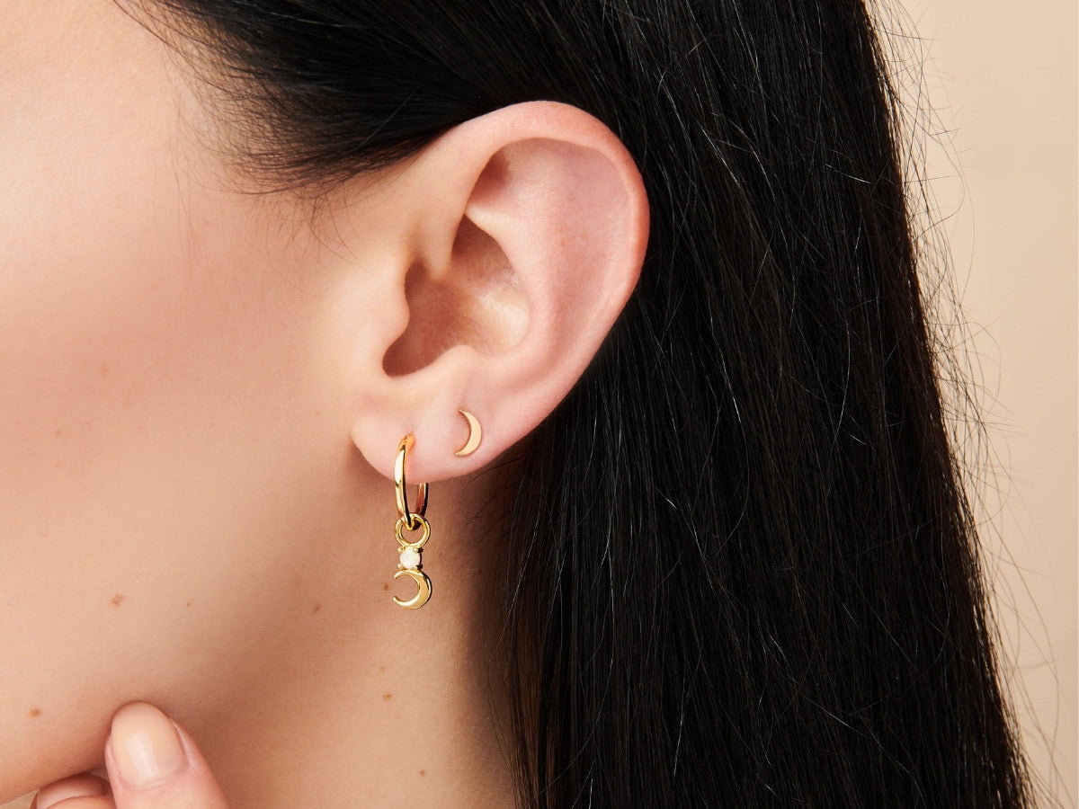 Crescent Moon Opal Hoop Earrings in Gold Plated Silver