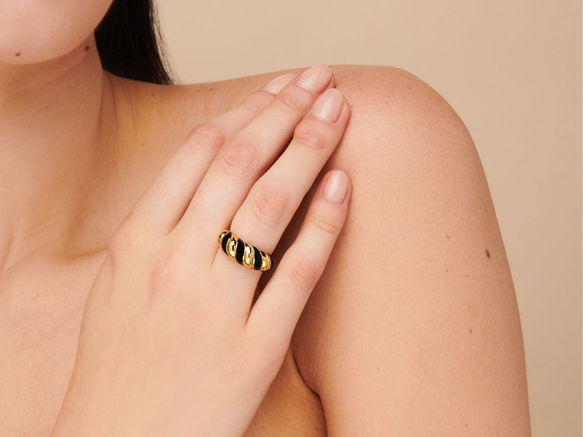 Croissant Dome Enamel Ring in Gold Plated Silver