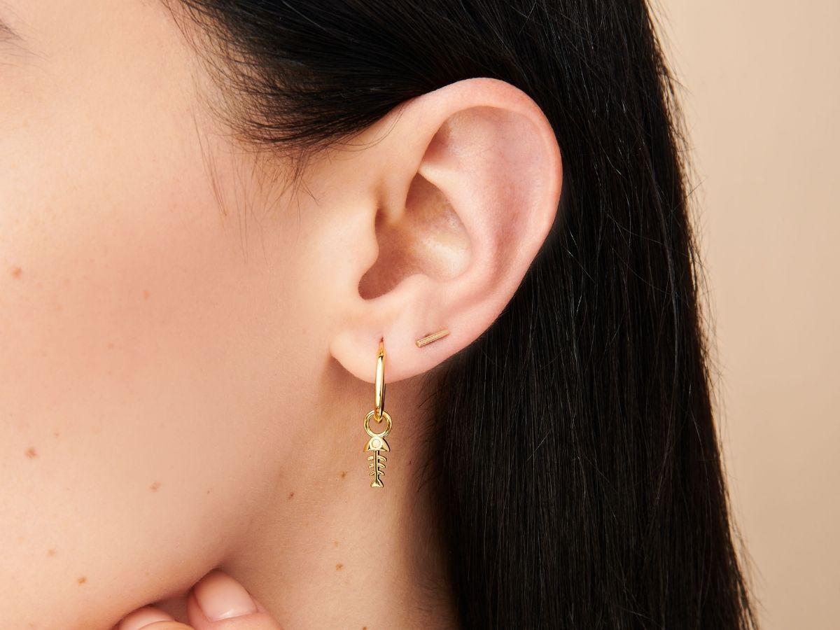 Fishbone Opal Hoop Earrings in Gold Plated Brass