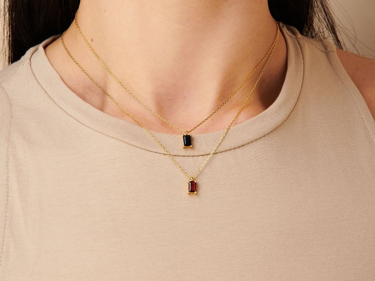 Tiny Baguette Garnet Necklace in Gold Plated Silver