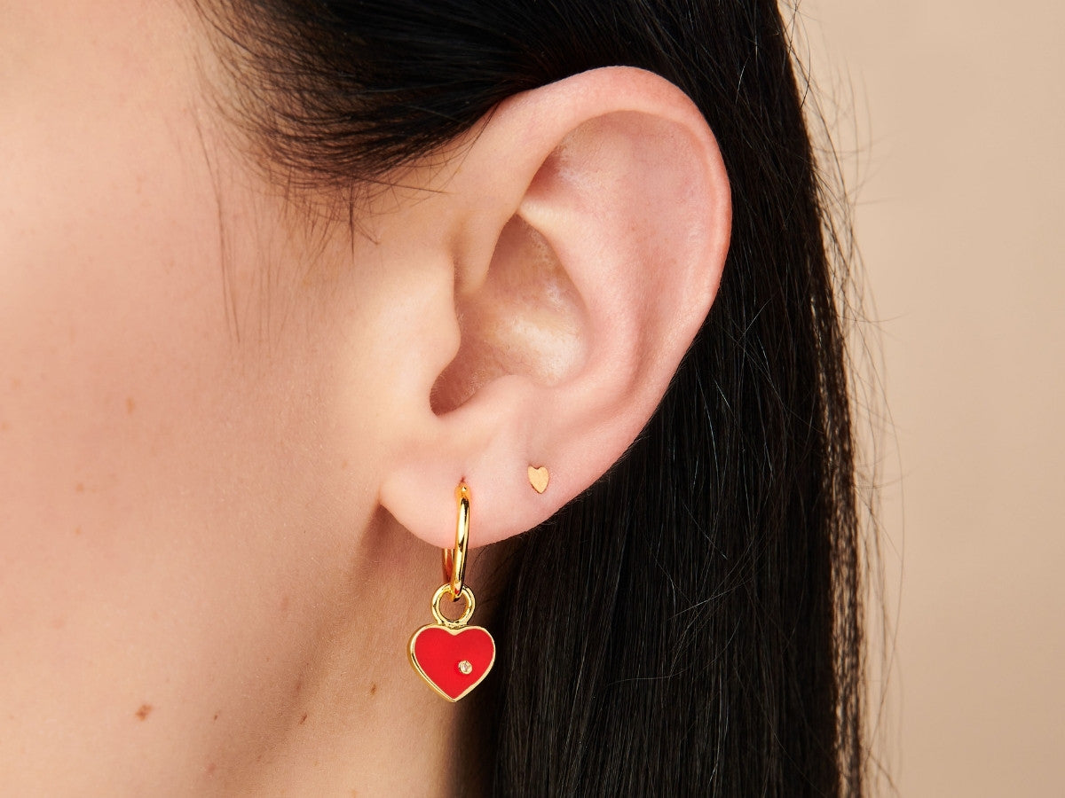 Enamel Red Heart Charm Hoop Earrings in Gold Plated Brass