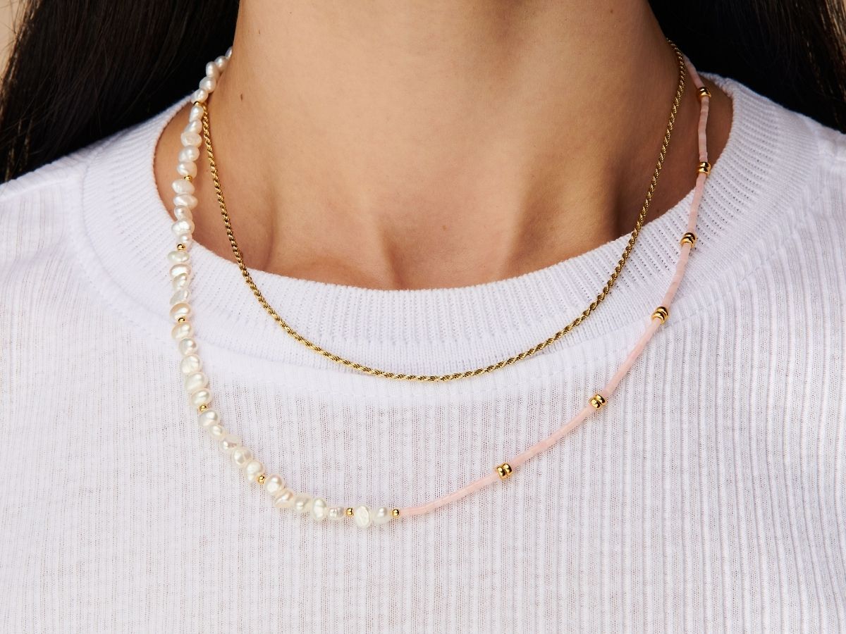 Rosa Pearl and Quartz Bead Necklace in Gold Plated Silver