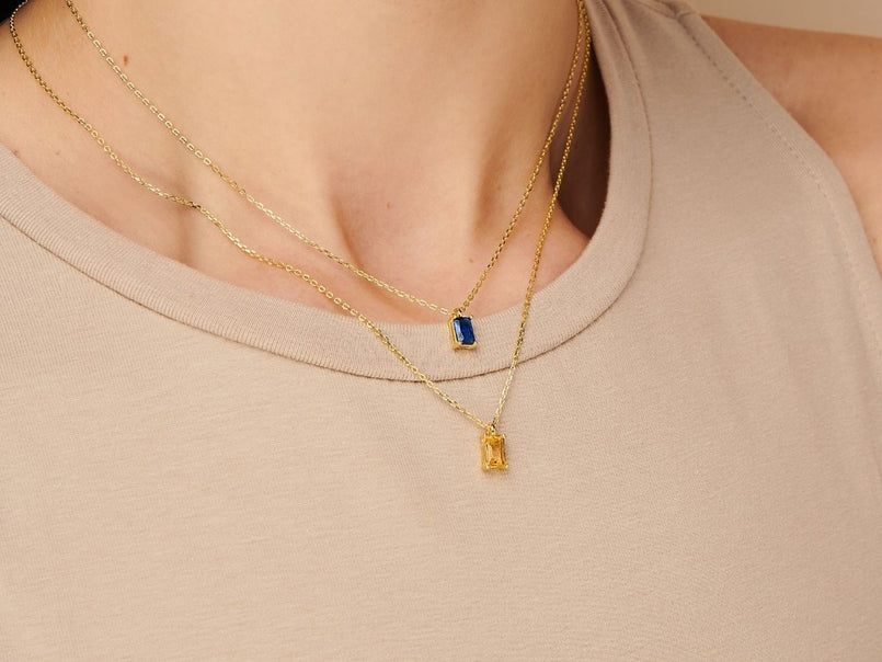 Tiny Baguette Sapphire Necklace in Gold Plated Silver