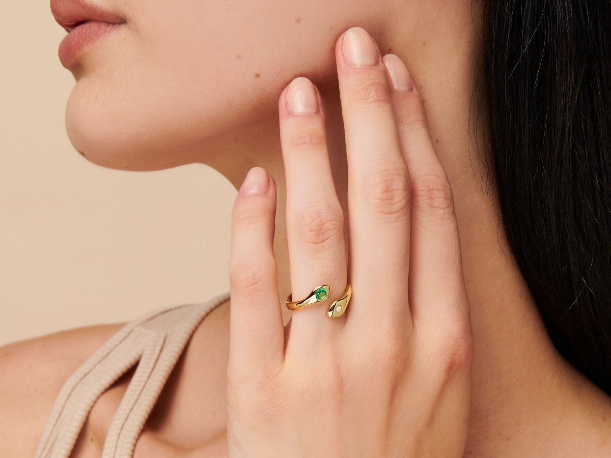 Snake Emerald and Opal Ring in Gold Plated Silver