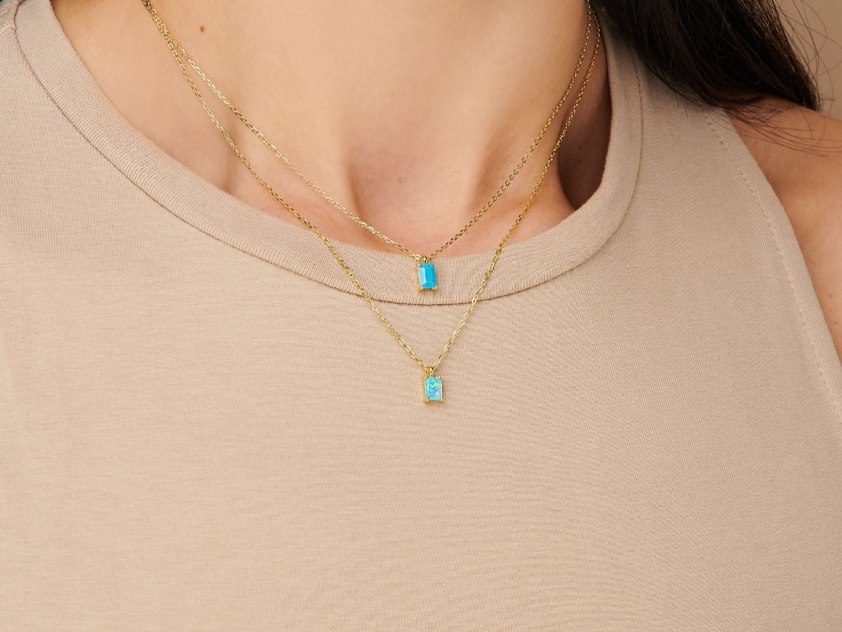 Tiny Baguette Turquoise Necklace in Gold Plated Silver